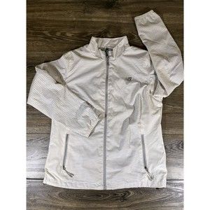 New Balance NB Womens Size L Track Jacket Gray/White Striped Full Zip Up Lined